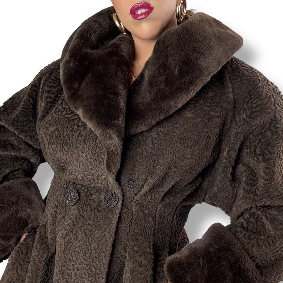 1960s ULTRA FURS USA brown faux Persian lamb fur swing coat with large collar